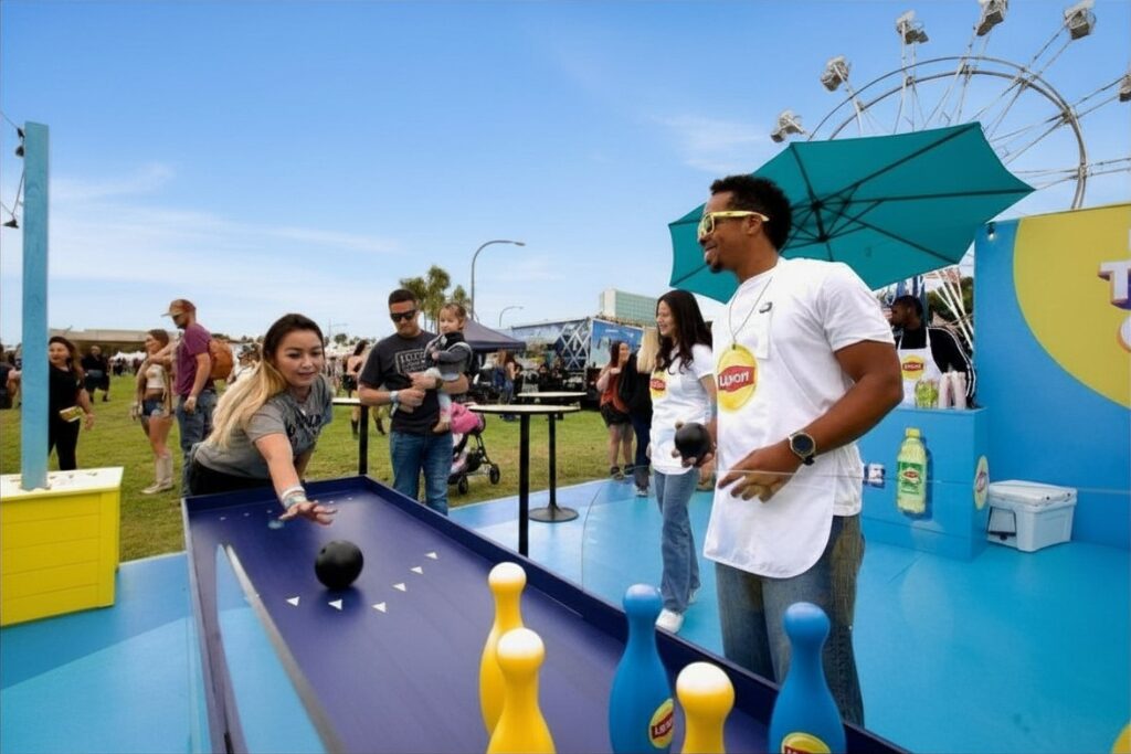 Crowd interacting with product sampling activation at live brand experience